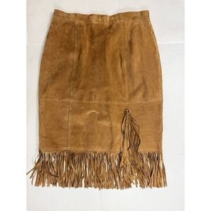 Via Accenti Midi Skirt Size 36‎ Tan Leather Fringe Hem Elastic Back Waist Boho